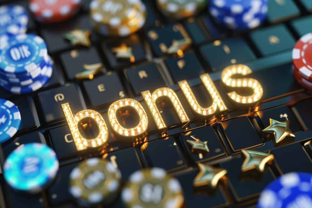 Word Bonus shining on a keyboard surrounded by casino chips